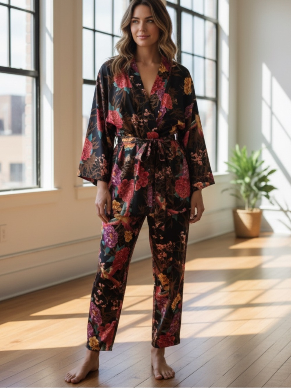 Mason Grey Size Large Floral Asian Inspired Print Pajamas